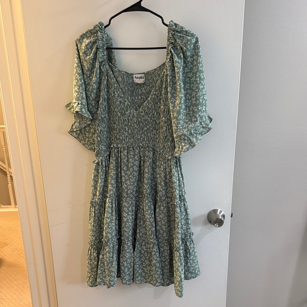 Green Floral Dress with Ruffled Sleeves